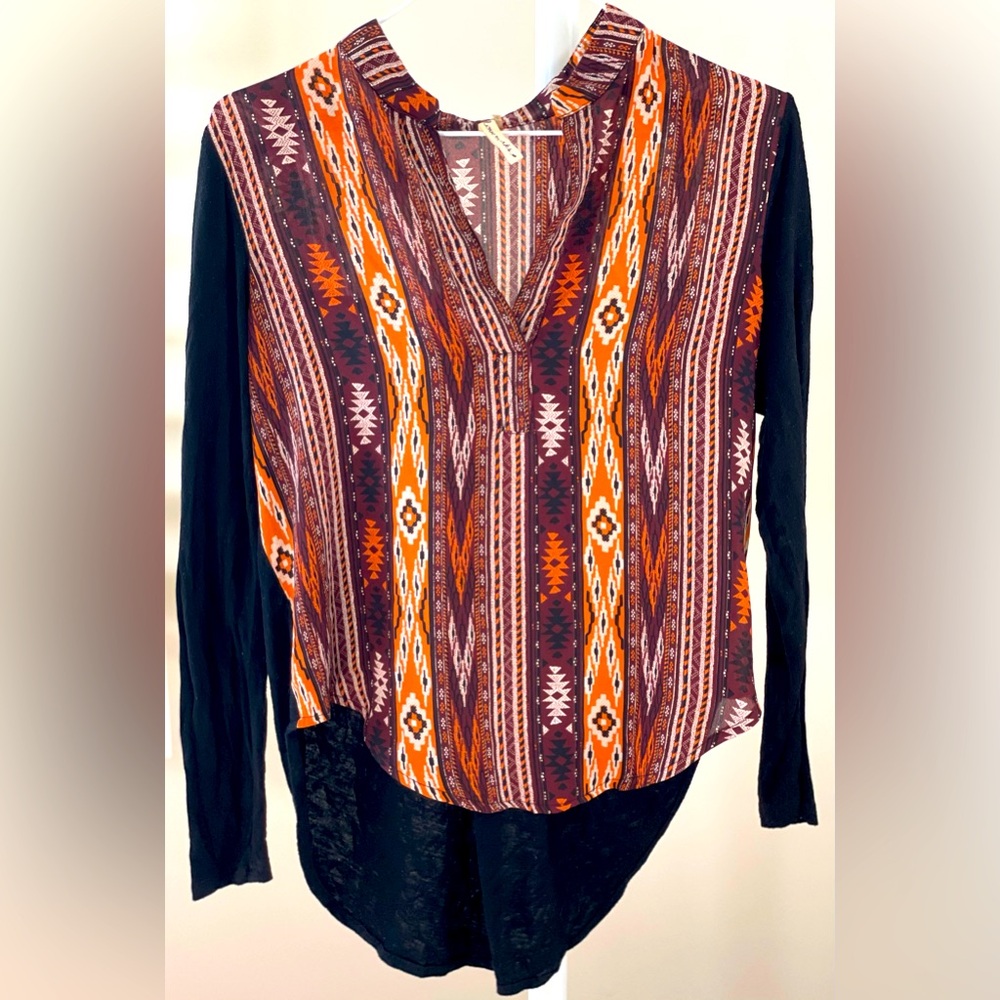 Love Marks shirt with rayon print front and black knit back. Size S.